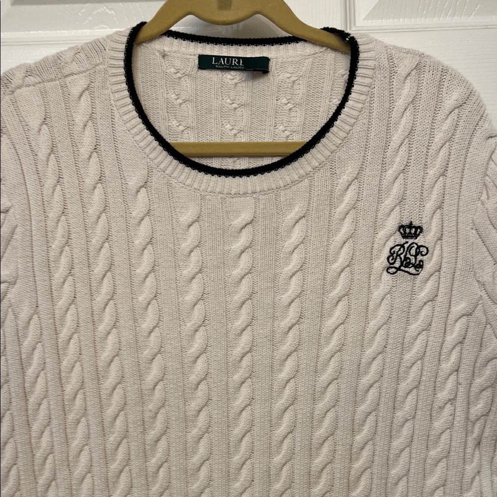 Ralph Lauren Cream Cable Knit Sweater with Black Trim and Crest
